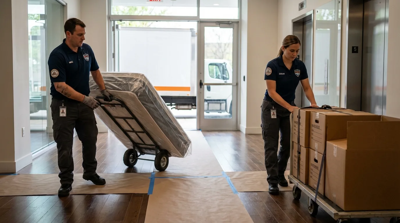 Professional apartment movers loading elevator in North Haven, CT
